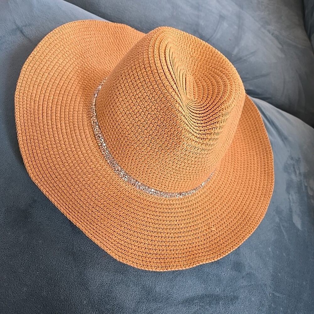 David and Young one size Tan Straw Sun Hat with Rhinestone Trim